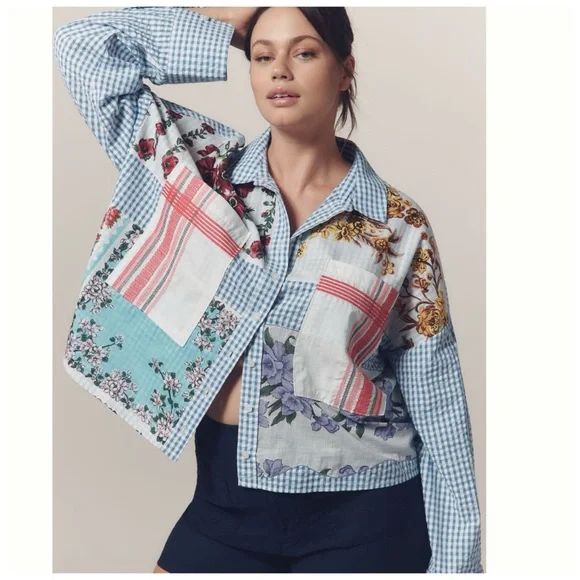 NWT Anthropologie Maeve Long-Sleeve Patchwork Tea Towel Buttondown Shirt 2X - Picture 6 of 17